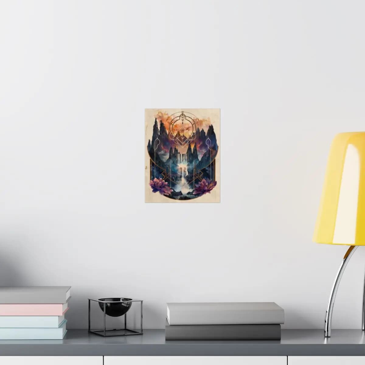Celestial Waterfall Among Stone Peaks and Lotus - Matte Vertical Posters mockup angle 8