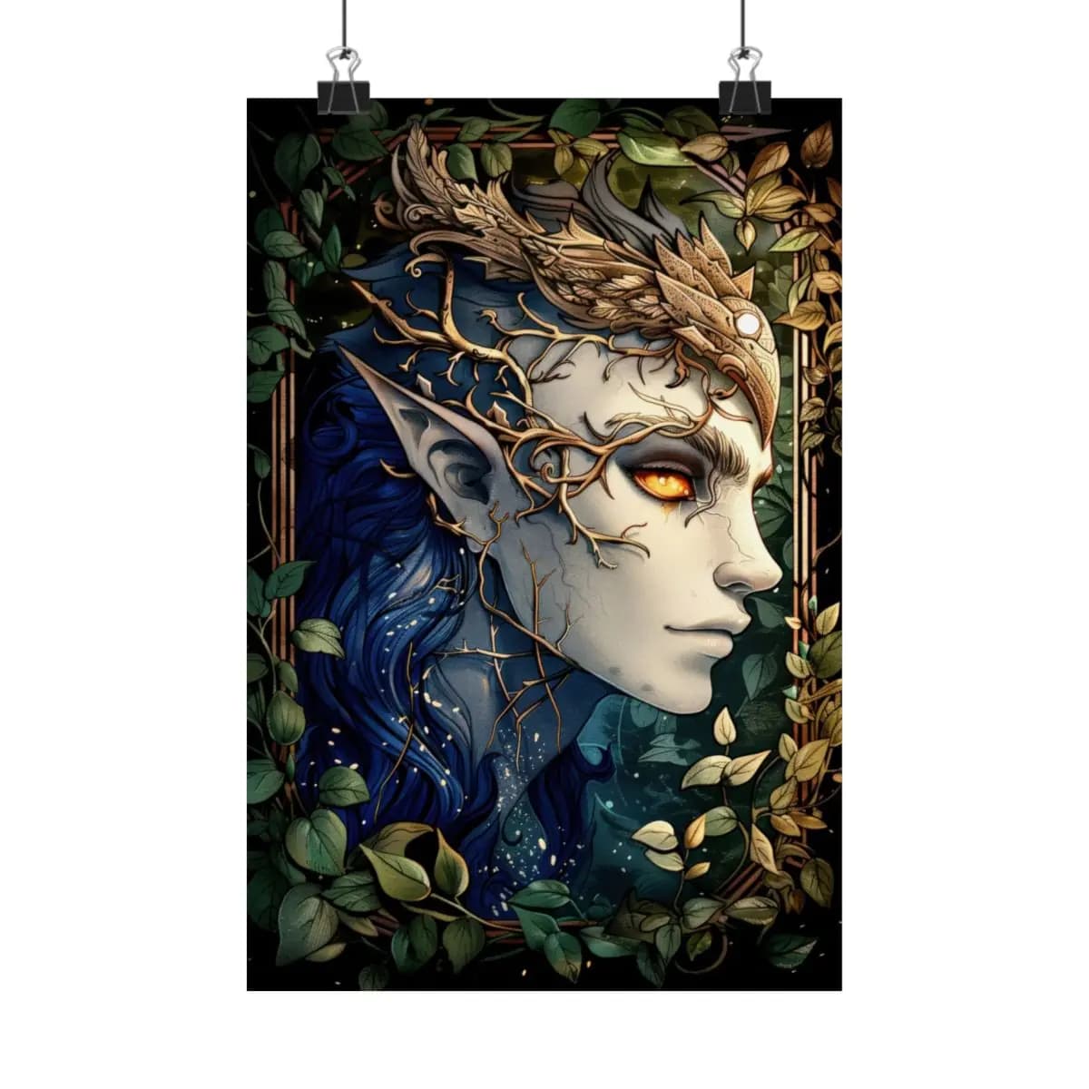 Ember-Eyed Forest Elf Among Tangled Branches - Matte Vertical Posters mockup angle 1