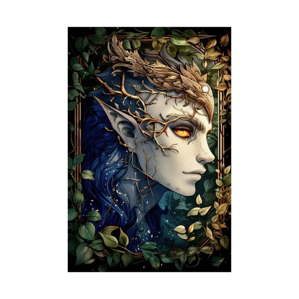 Ember-Eyed Forest Elf Among Tangled Branches - Matte Vertical Posters mockup angle 2