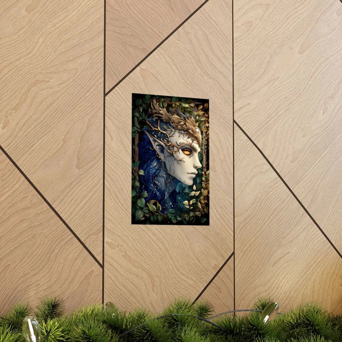 Ember-Eyed Forest Elf Among Tangled Branches - Matte Vertical Posters mockup angle 5