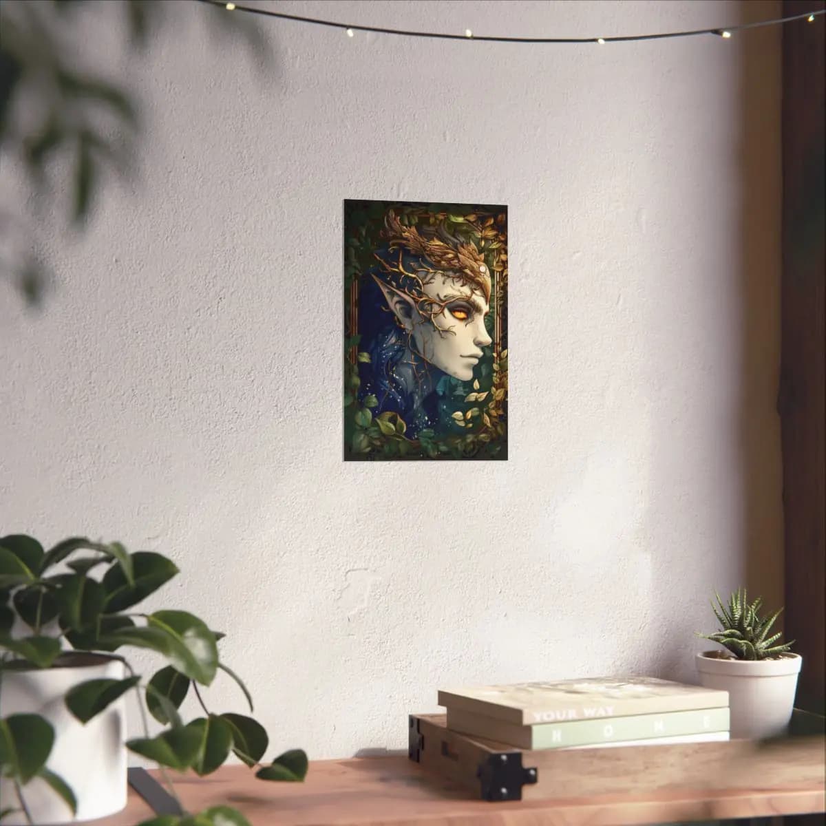 Ember-Eyed Forest Elf Among Tangled Branches - Matte Vertical Posters mockup angle 6