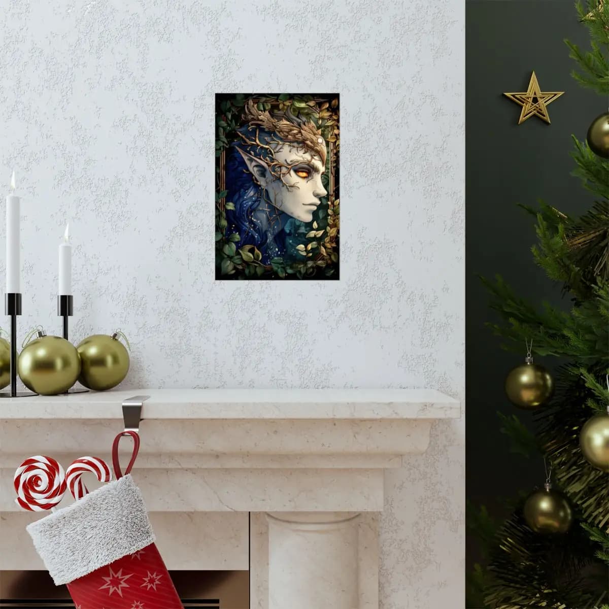 Ember-Eyed Forest Elf Among Tangled Branches - Matte Vertical Posters mockup angle 7