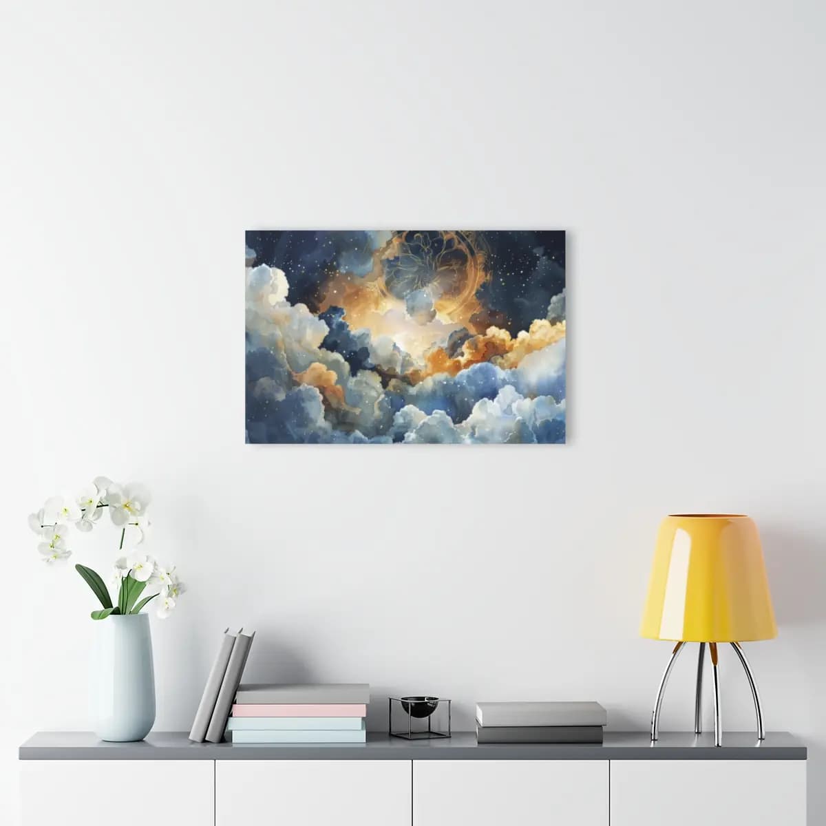 Starlit Celestial Cloudscape with Golden Glow - Acrylic Prints (French Cleat Hanging) mockup angle 4