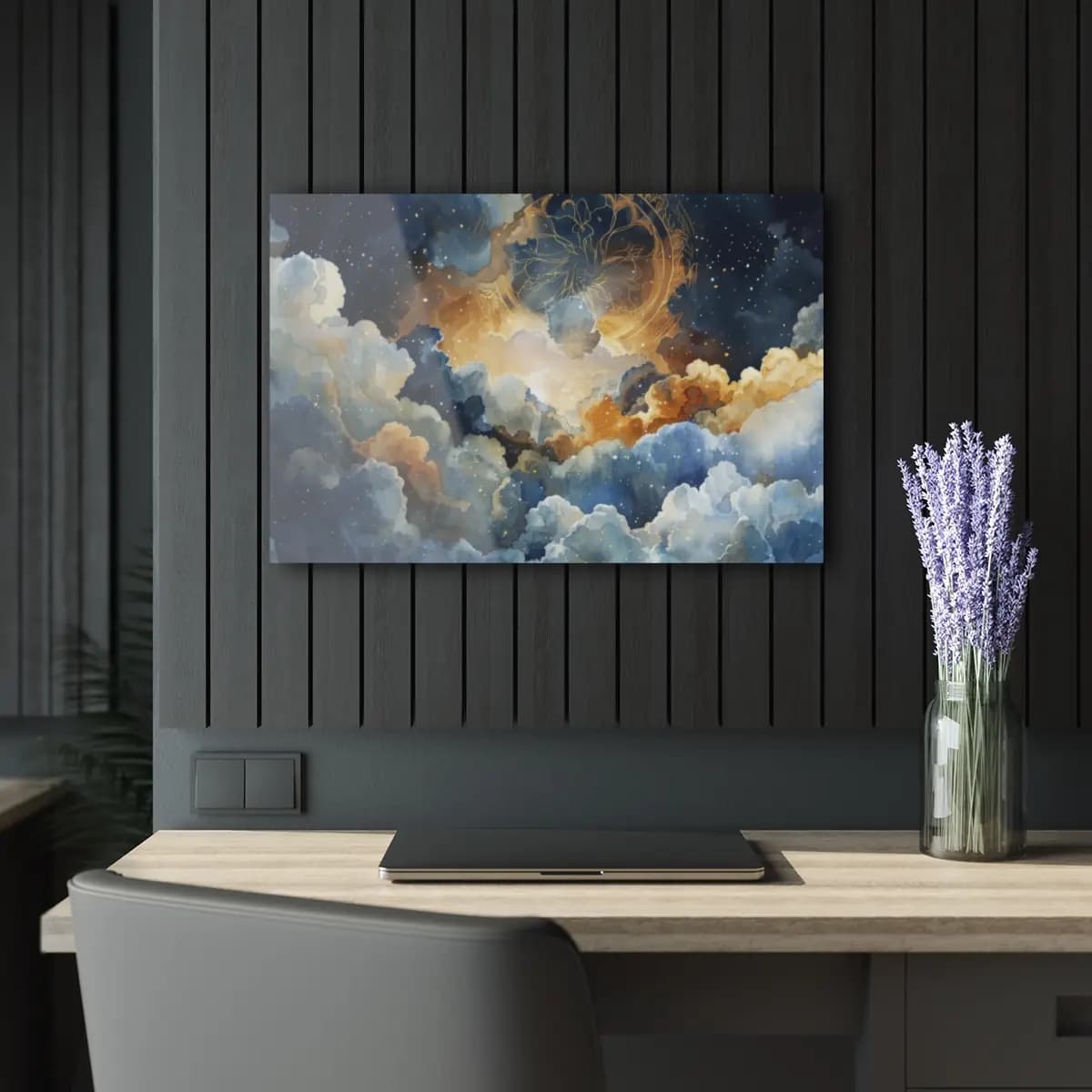 Starlit Celestial Cloudscape with Golden Glow - Acrylic Prints (French Cleat Hanging) mockup angle 5