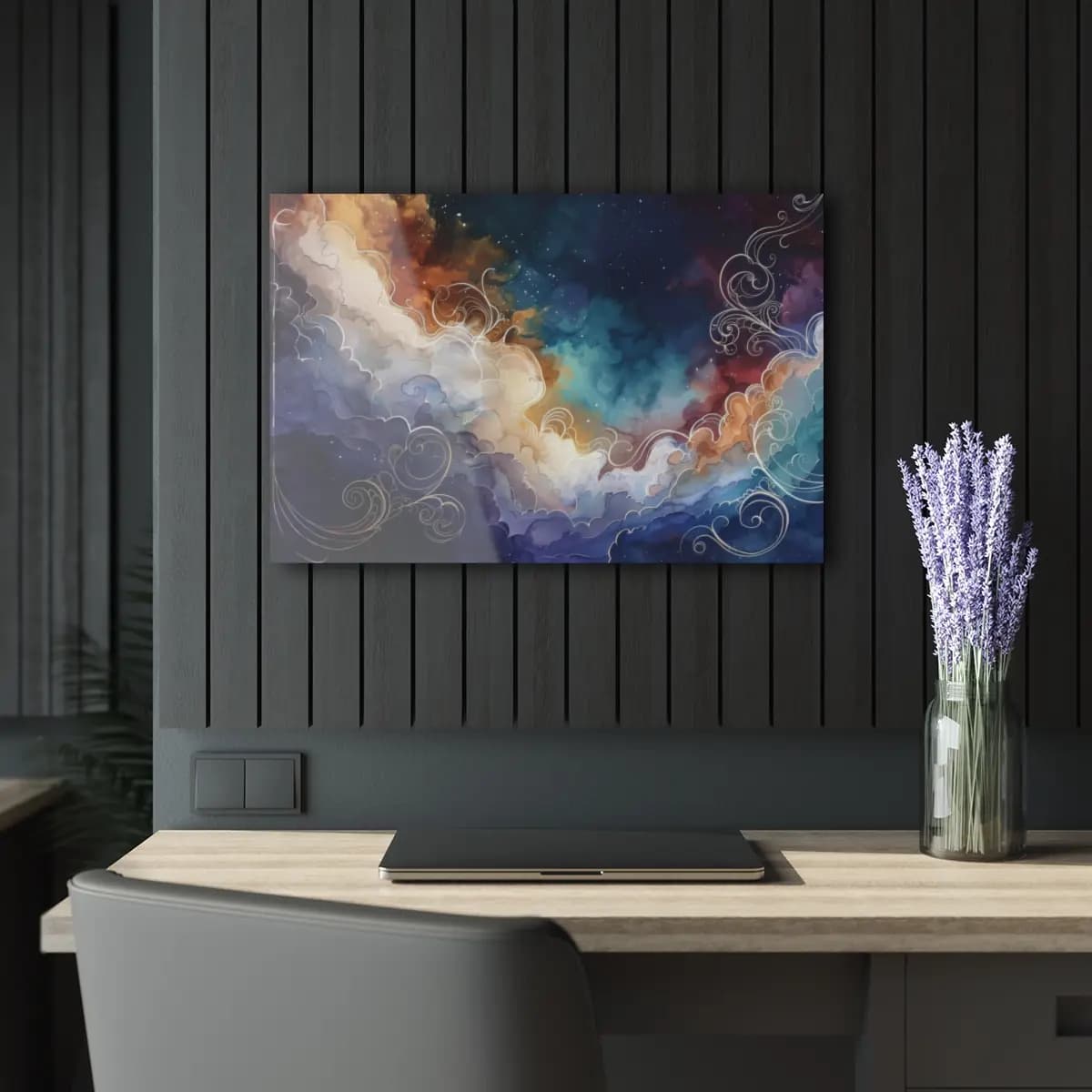 Celestial Clouds and Luminous Arabesques - Acrylic Prints (French Cleat Hanging) mockup angle 5