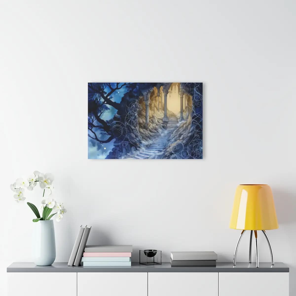 Stone Stairway Rising to a Luminous Gothic Portal - Acrylic Prints (French Cleat Hanging) mockup angle 4