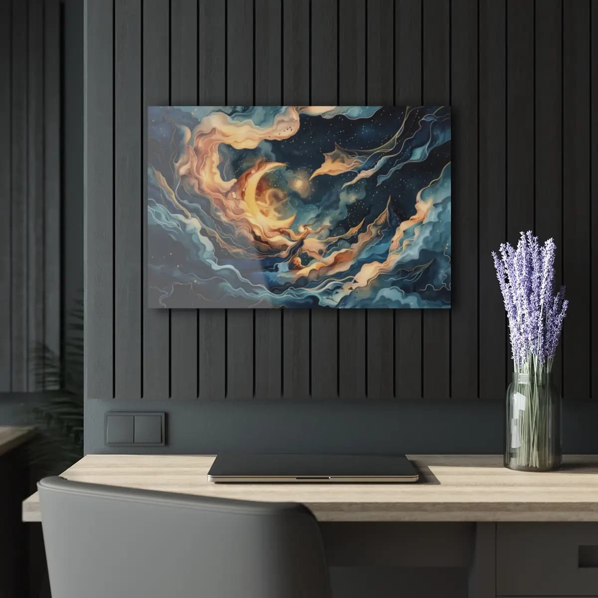 Crescent Moon in a Celestial Tempest - Acrylic Prints (French Cleat Hanging) mockup angle 5