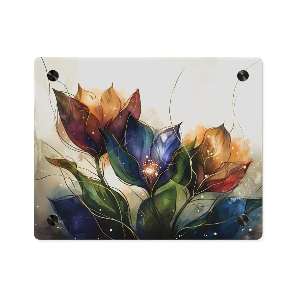 Mystical Blooms with Golden Light Filaments - Acrylic Wall Art Panels mockup angle 1