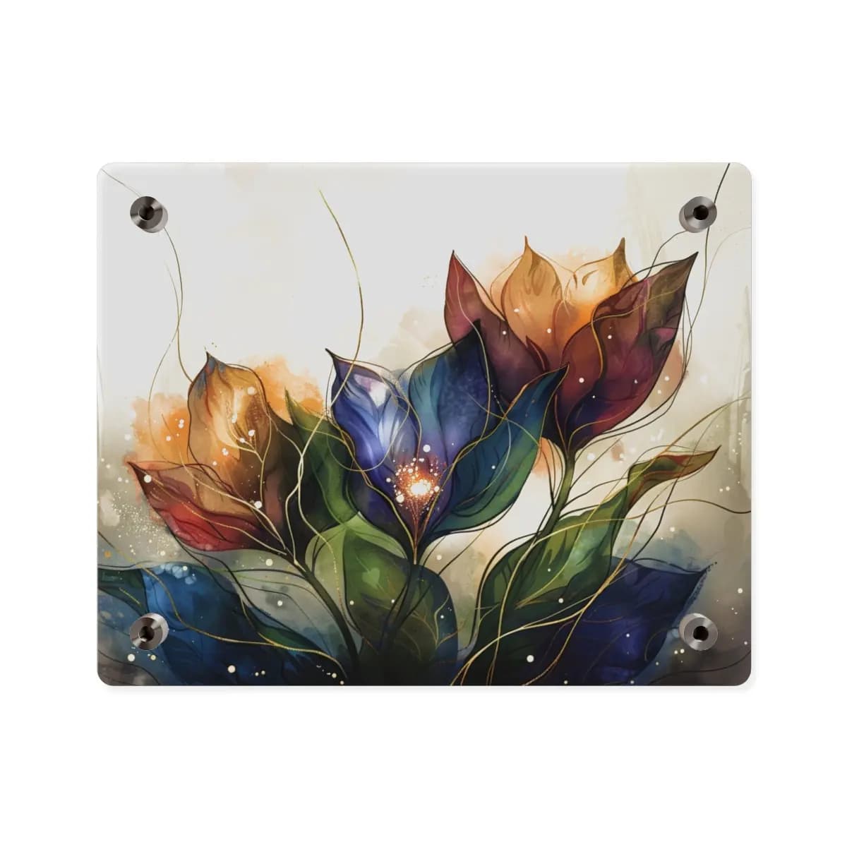 Mystical Blooms with Golden Light Filaments - Acrylic Wall Art Panels mockup angle 2