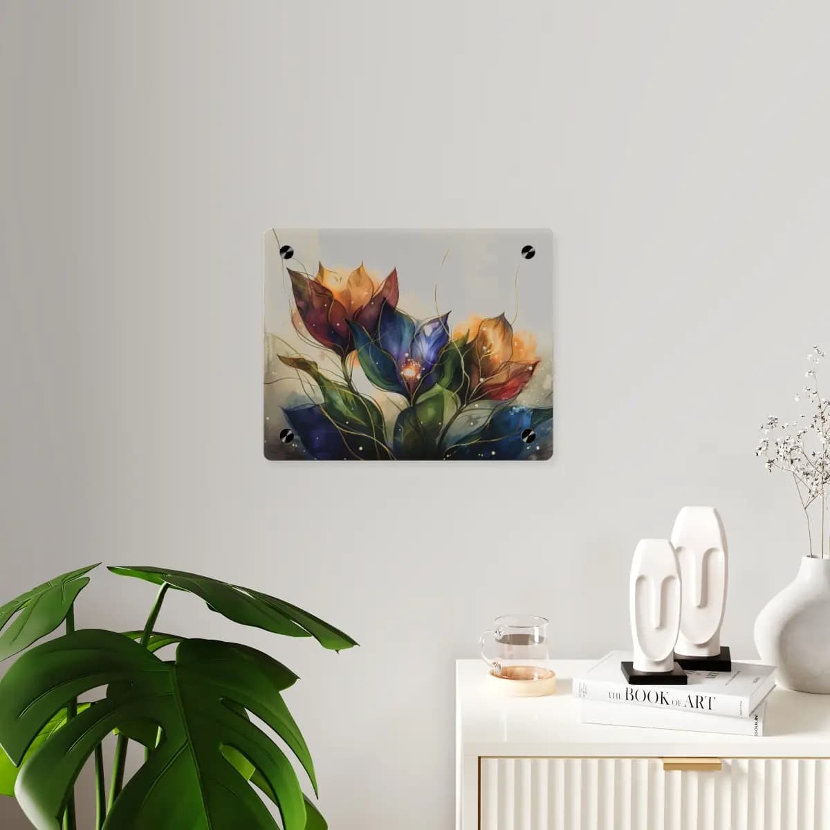Mystical Blooms with Golden Light Filaments - Acrylic Wall Art Panels mockup angle 3
