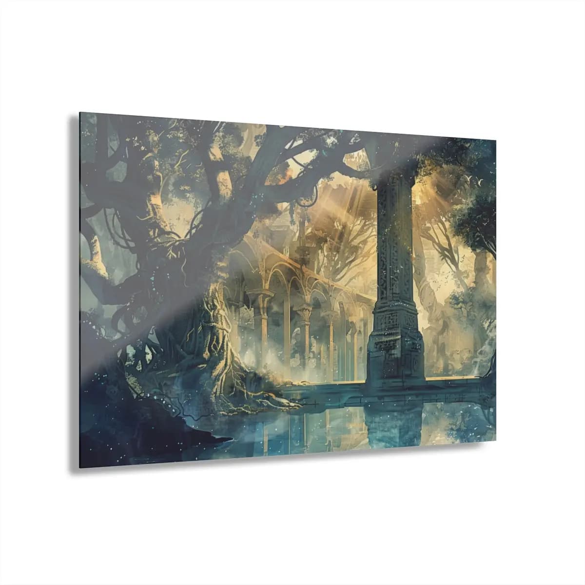 Elven Ruins Bathed in Golden Forest Light - Acrylic Prints (French Cleat Hanging) mockup angle 1