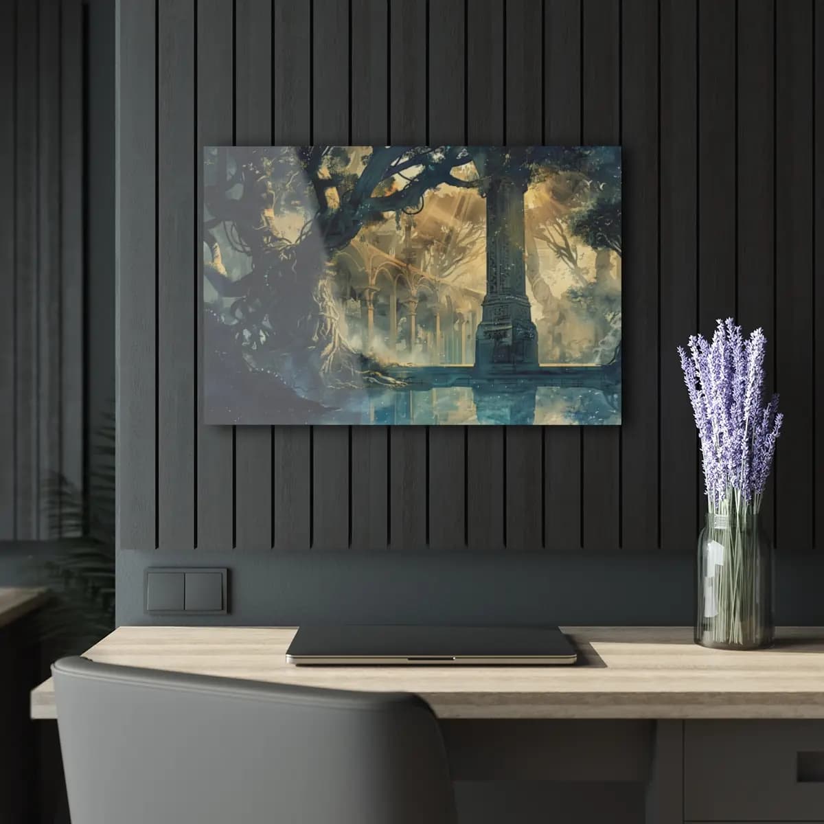 Elven Ruins Bathed in Golden Forest Light - Acrylic Prints (French Cleat Hanging) mockup angle 5