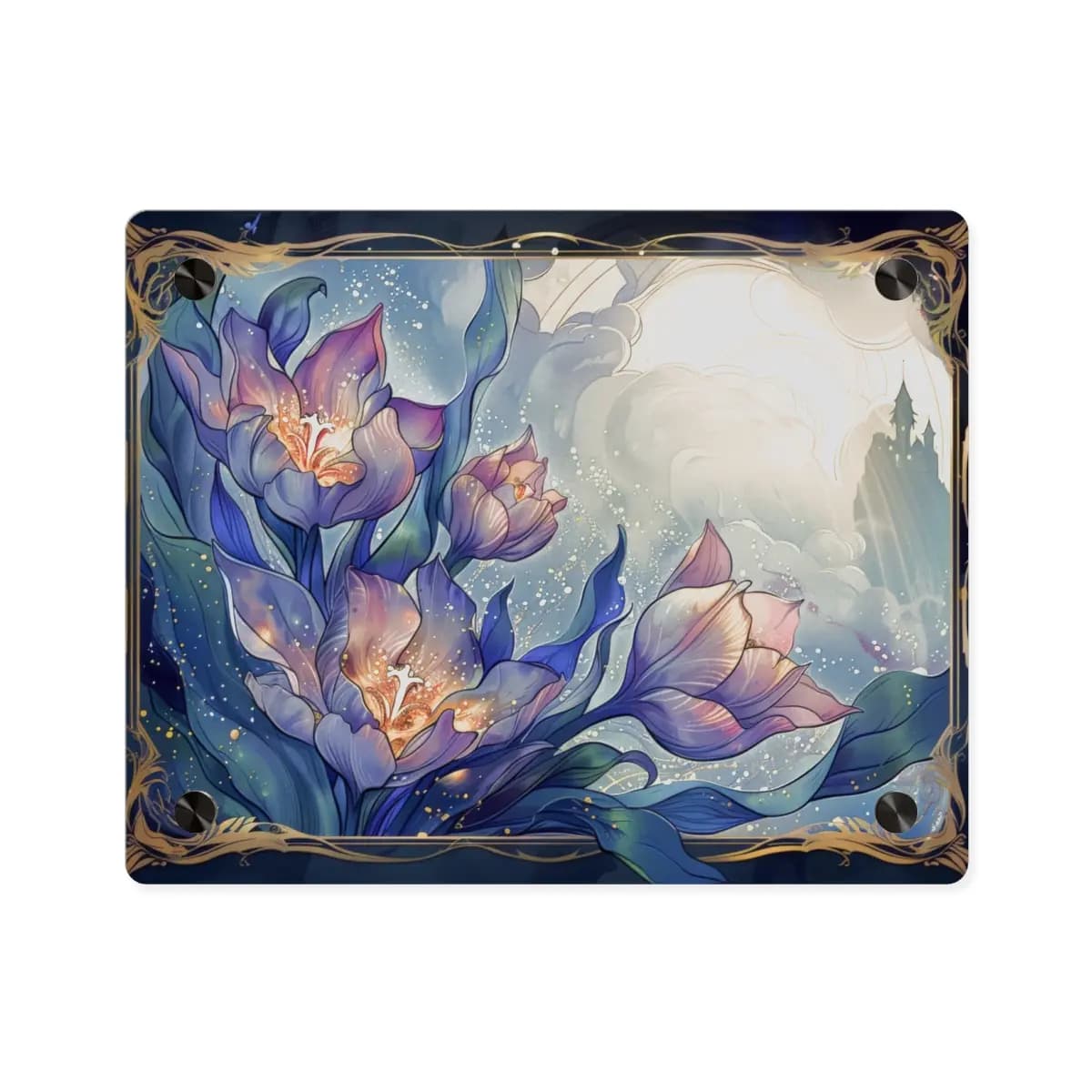 Enchanted Blooms Glowing Beneath a Moonlit Sky - Acrylic Wall Art Panels mockup angle 1