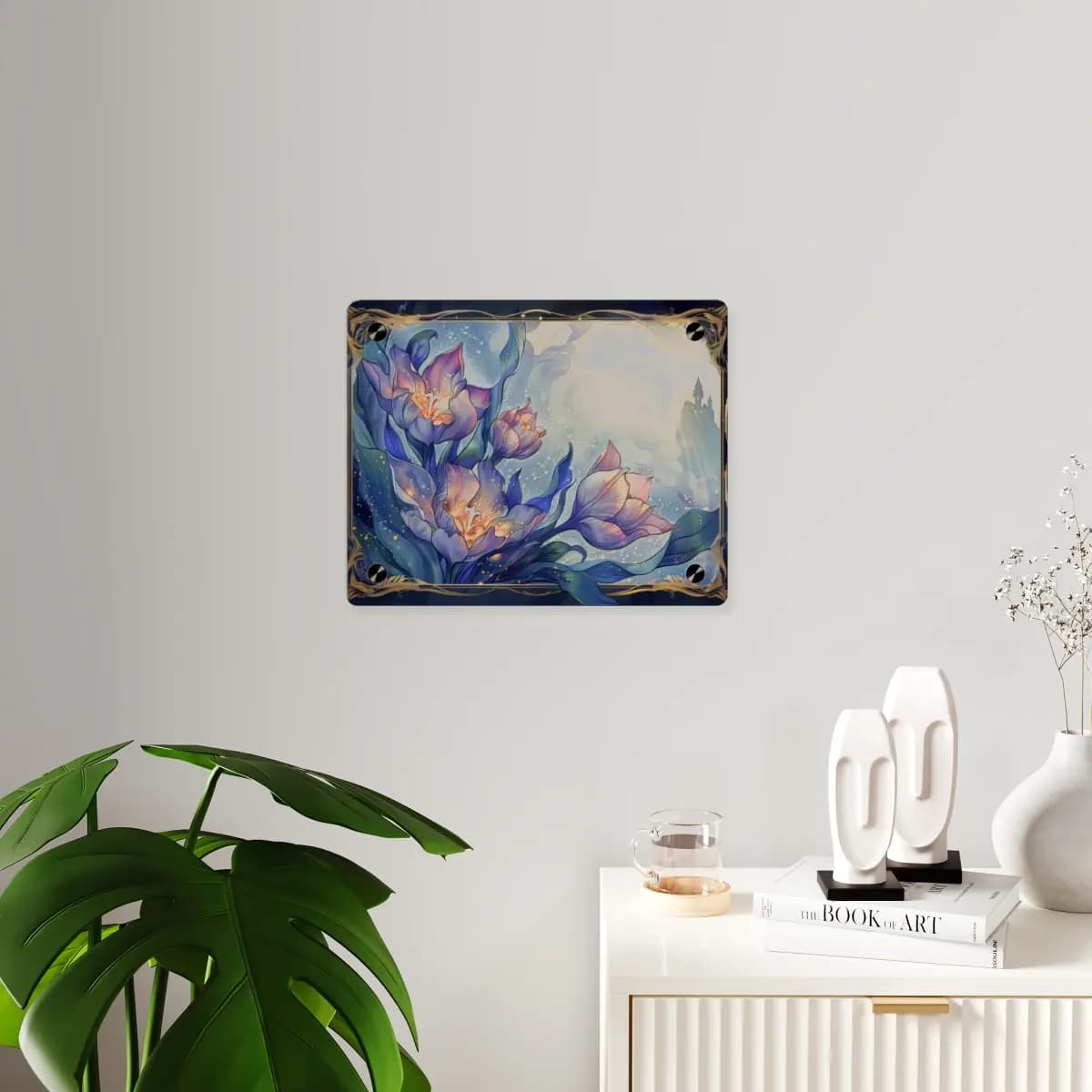 Enchanted Blooms Glowing Beneath a Moonlit Sky - Acrylic Wall Art Panels mockup angle 3