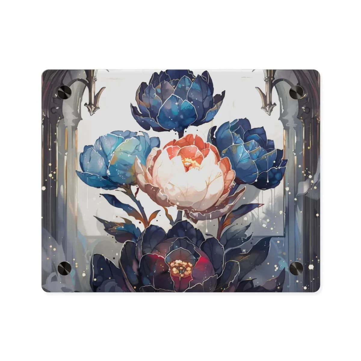 Enchanted Peonies Blooming Beneath Gothic Arches - Acrylic Wall Art Panels mockup angle 1