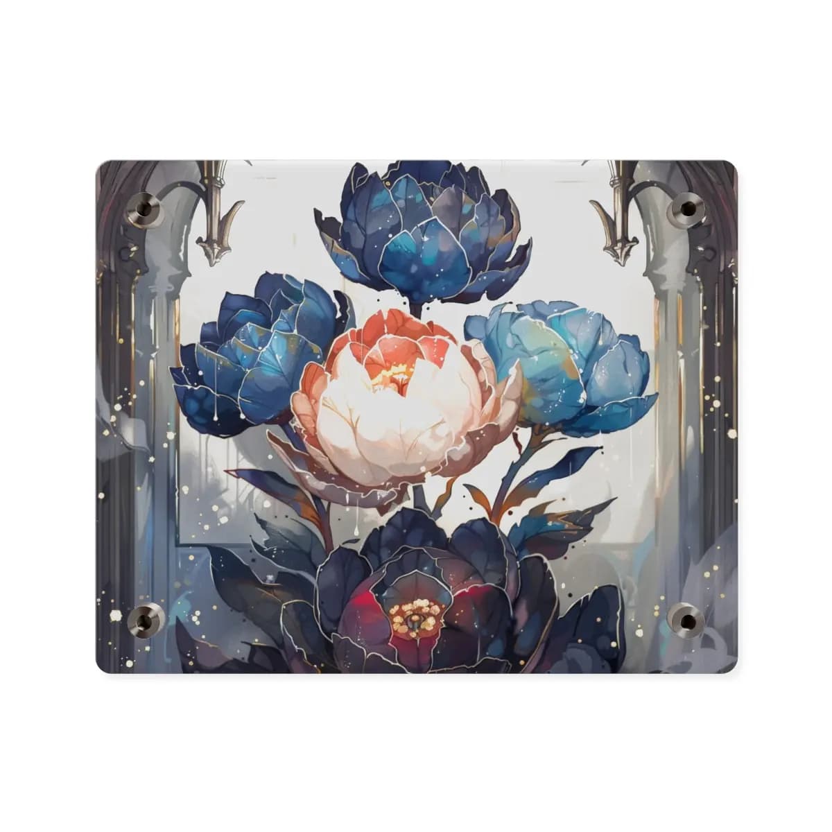 Enchanted Peonies Blooming Beneath Gothic Arches - Acrylic Wall Art Panels mockup angle 2
