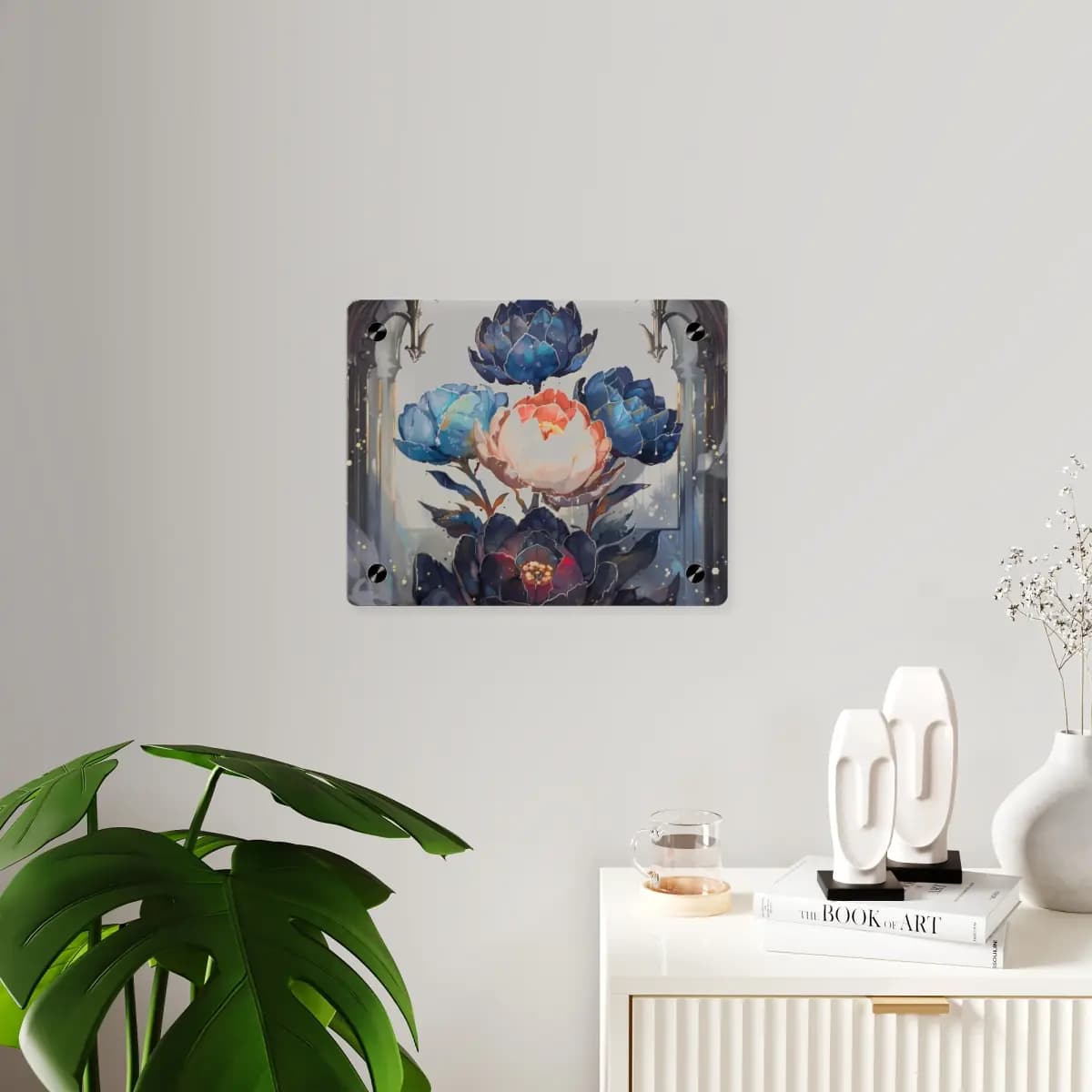 Enchanted Peonies Blooming Beneath Gothic Arches - Acrylic Wall Art Panels mockup angle 3