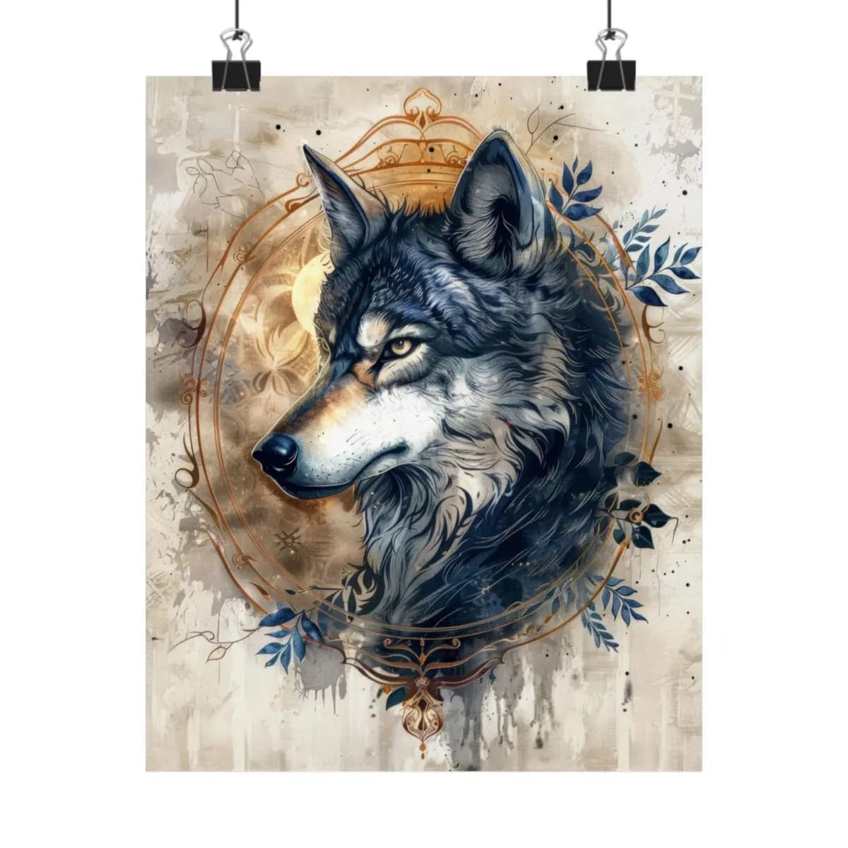 Royal Wolf Portrait with Golden Ornamental Frame - Matte Vertical Posters mockup angle 1