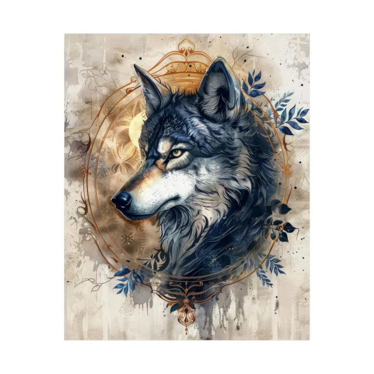 Royal Wolf Portrait with Golden Ornamental Frame - Matte Vertical Posters mockup angle 2