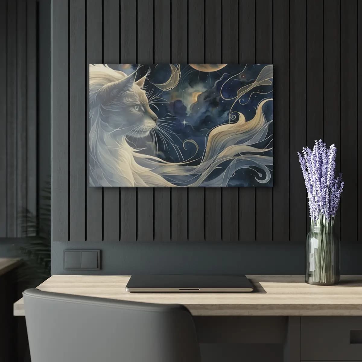 The Celestial Cat with Starlit Flowing Mane - Acrylic Prints (French Cleat Hanging) mockup angle 5