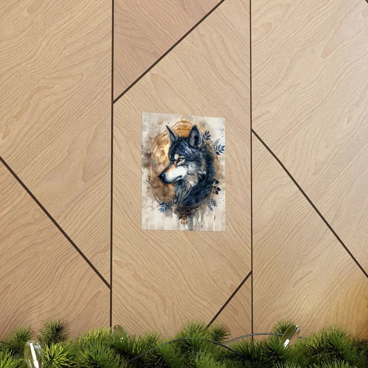Royal Wolf Portrait with Golden Ornamental Frame - Matte Vertical Posters mockup angle 5