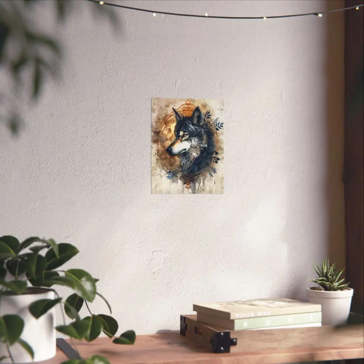 Royal Wolf Portrait with Golden Ornamental Frame - Matte Vertical Posters mockup angle 6