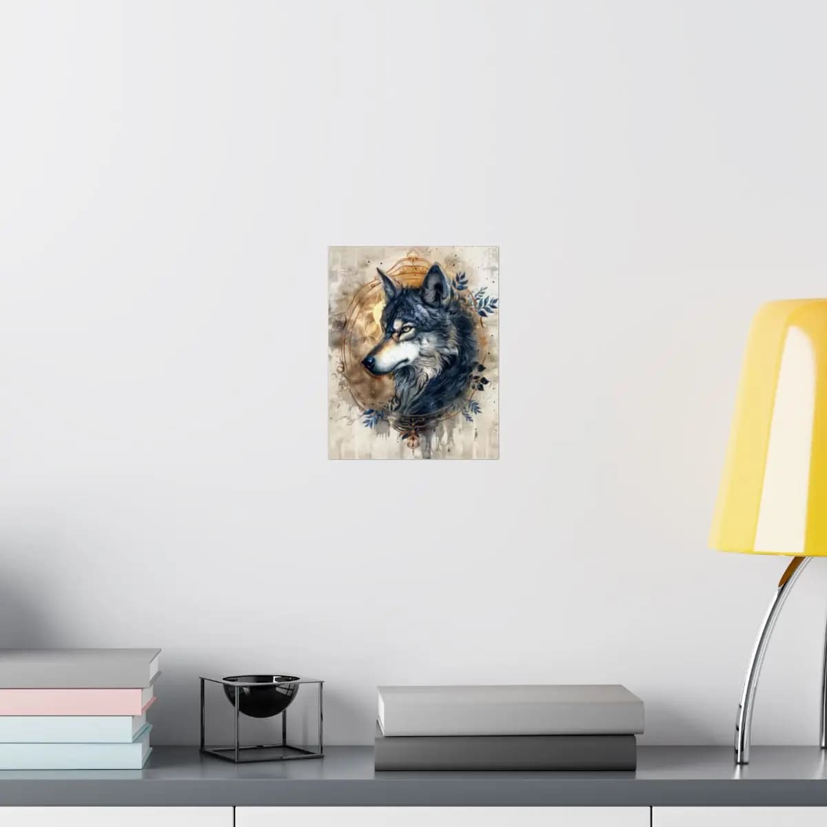 Royal Wolf Portrait with Golden Ornamental Frame - Matte Vertical Posters mockup angle 8