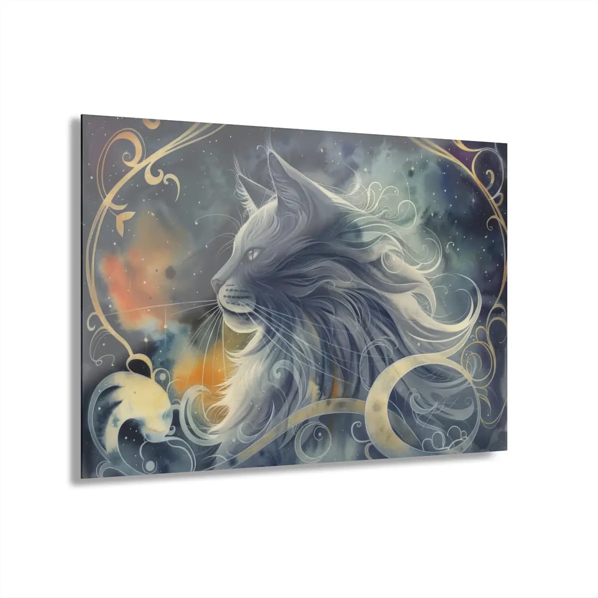 Celestial Long-Haired Cat in Silver and Gold Swirls - Acrylic Prints (French Cleat Hanging) mockup angle 1