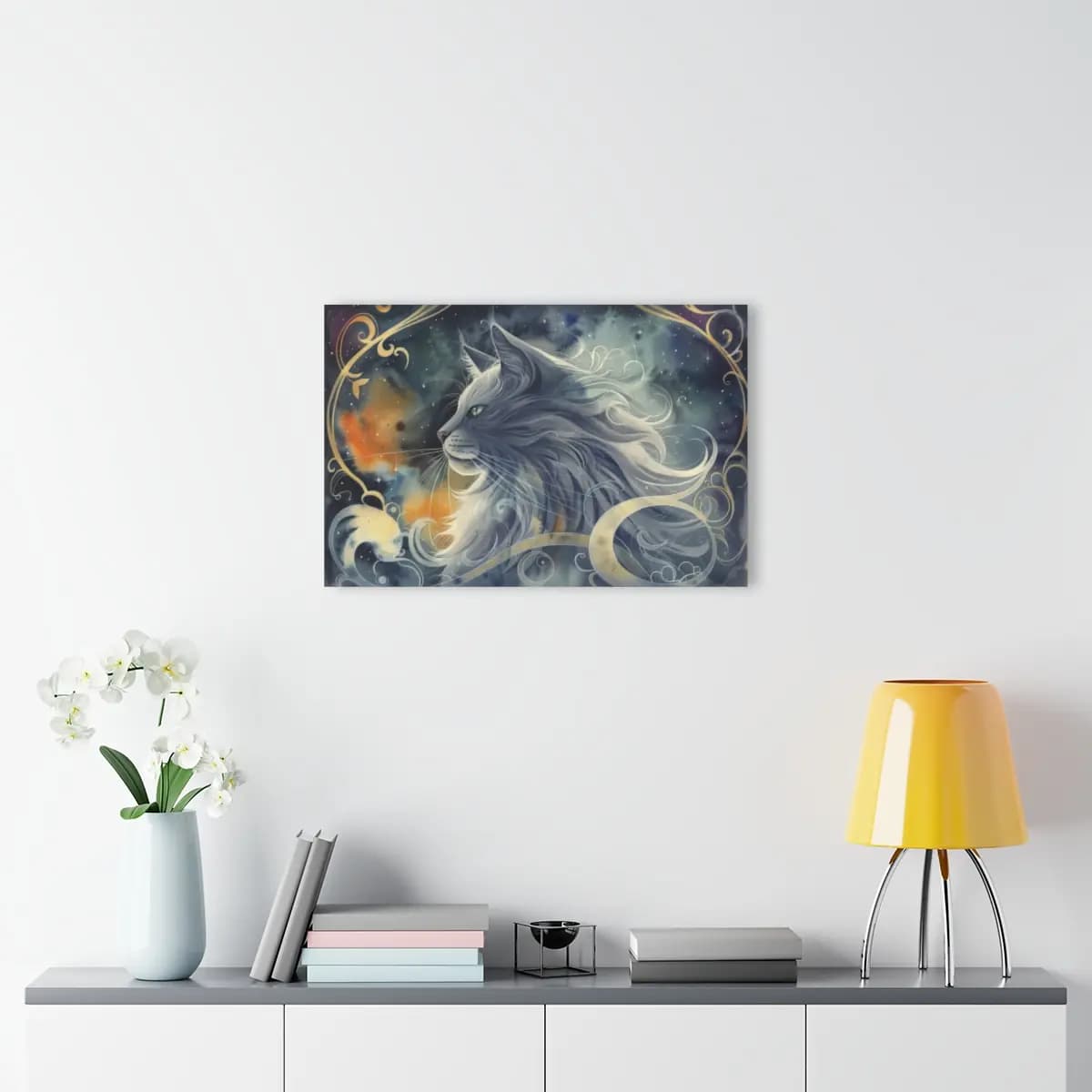 Celestial Long-Haired Cat in Silver and Gold Swirls - Acrylic Prints (French Cleat Hanging) mockup angle 4