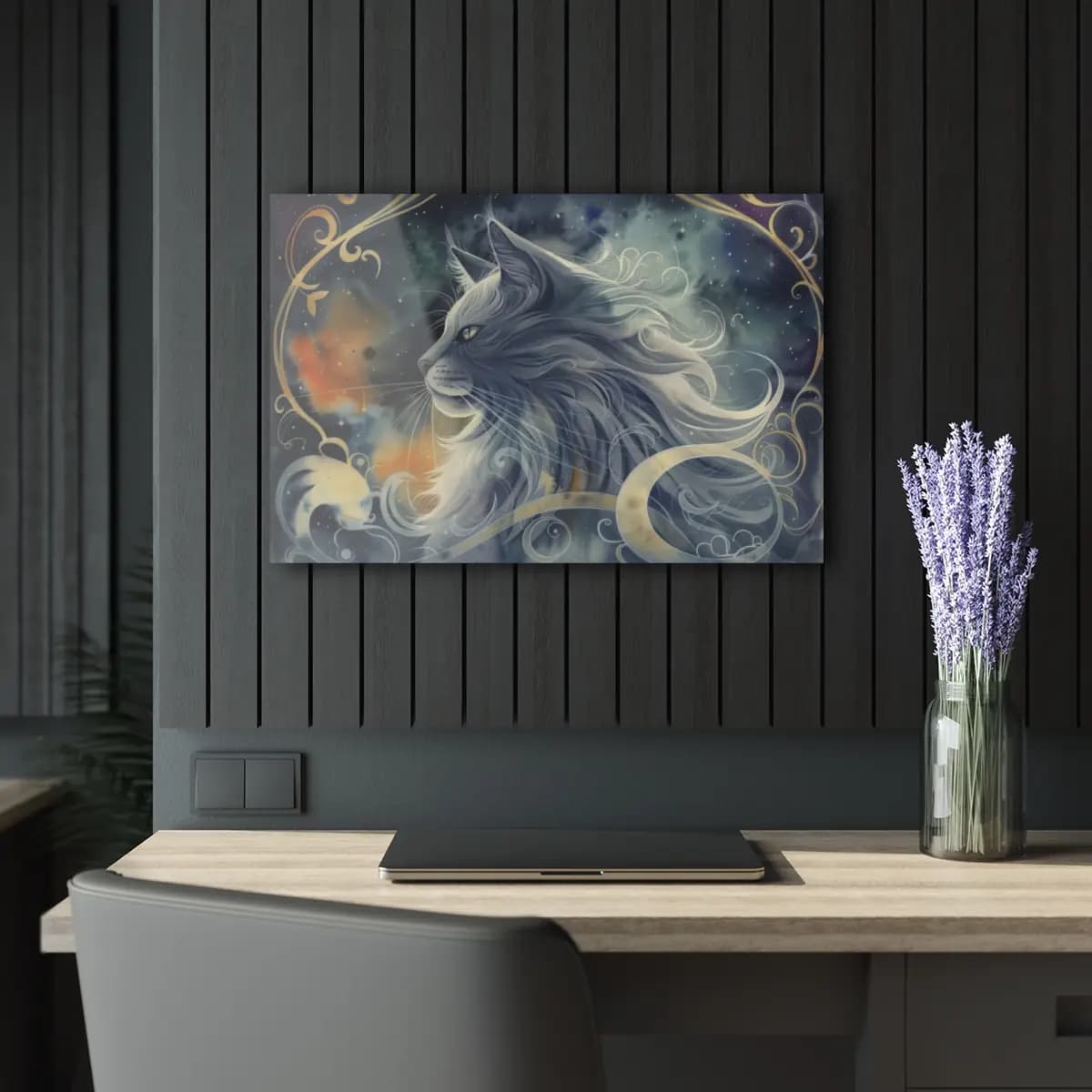 Celestial Long-Haired Cat in Silver and Gold Swirls - Acrylic Prints (French Cleat Hanging) mockup angle 5