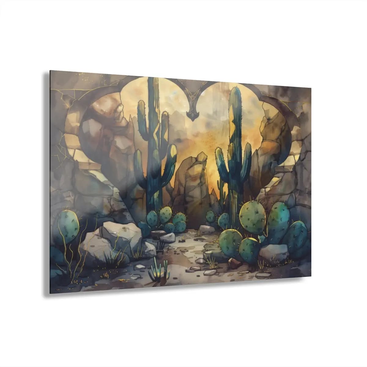 Stone Gateway Opening onto a Desert Cactus Landscape - Acrylic Prints (French Cleat Hanging) mockup angle 1