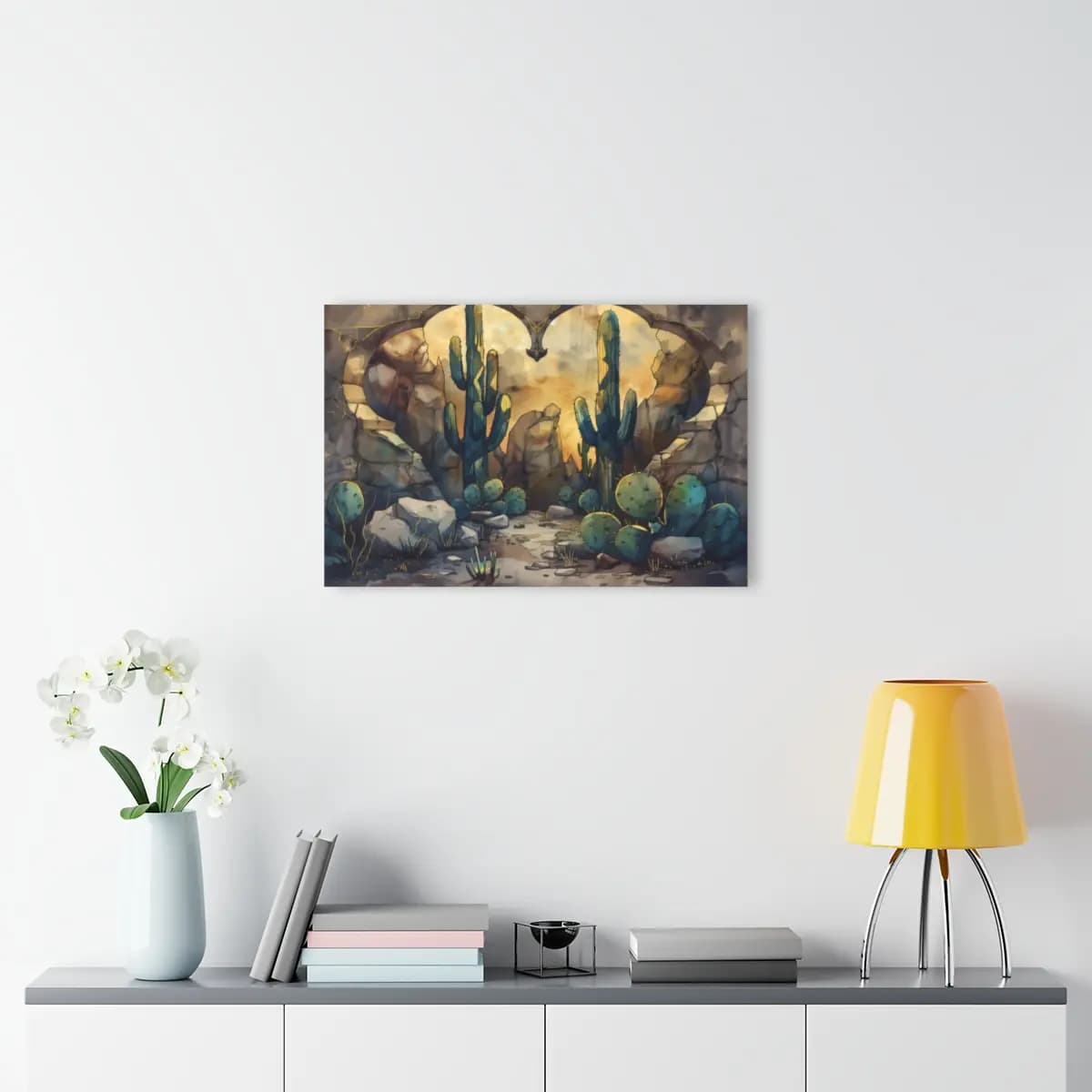 Stone Gateway Opening onto a Desert Cactus Landscape - Acrylic Prints (French Cleat Hanging) mockup angle 4