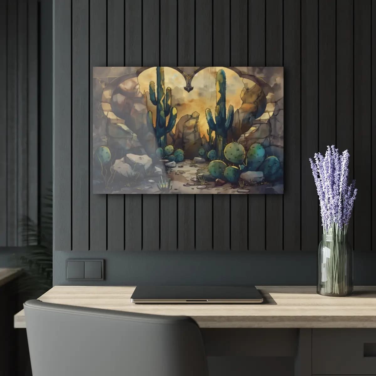 Stone Gateway Opening onto a Desert Cactus Landscape - Acrylic Prints (French Cleat Hanging) mockup angle 5