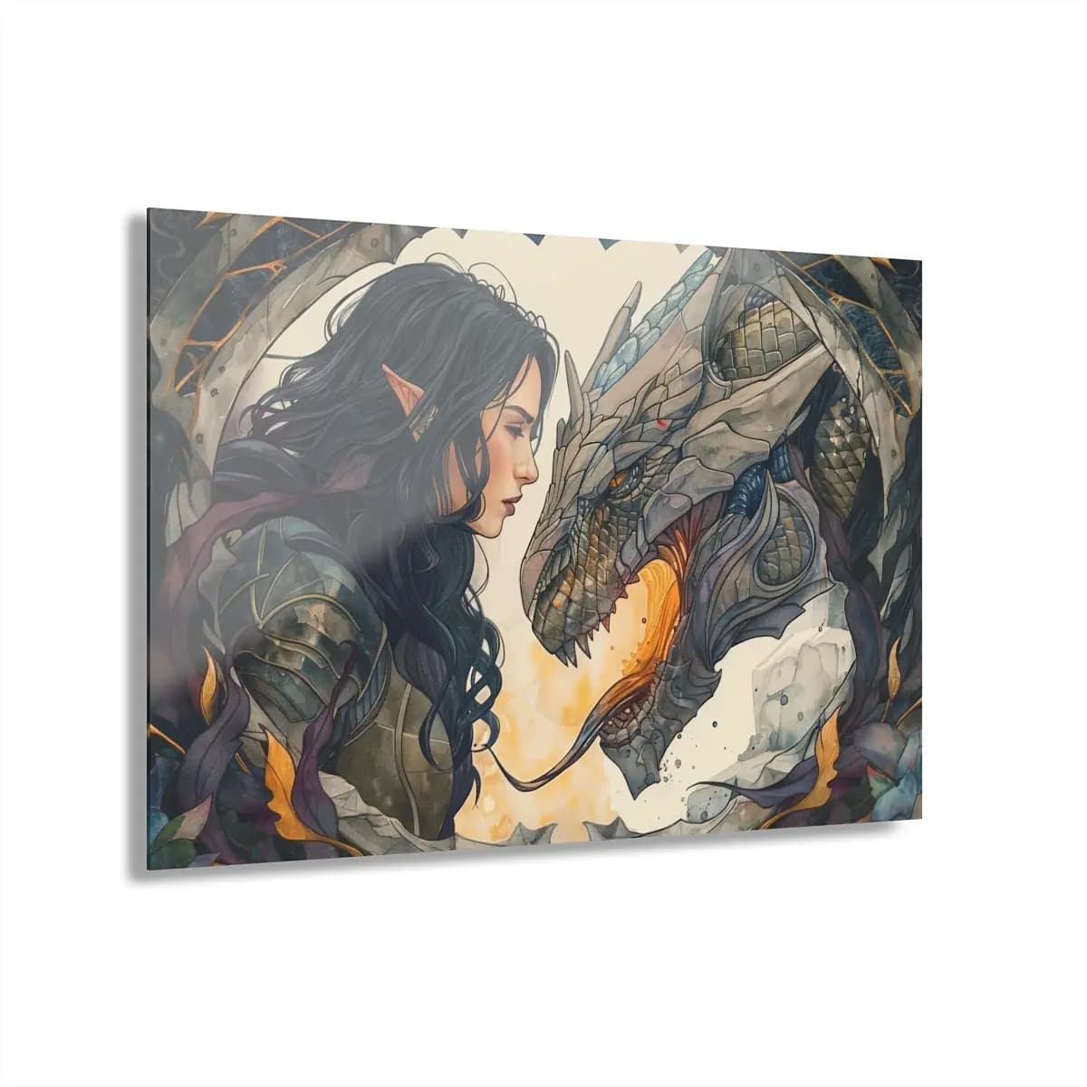 Elven Warrior Faces a Fire-Breathing Dragon - Acrylic Prints (French Cleat Hanging) mockup angle 1