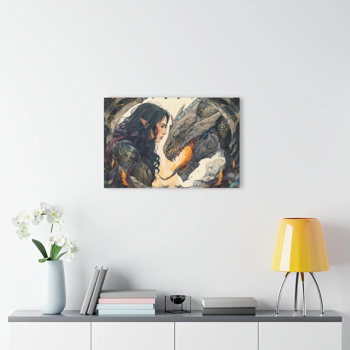Elven Warrior Faces a Fire-Breathing Dragon - Acrylic Prints (French Cleat Hanging) mockup angle 4