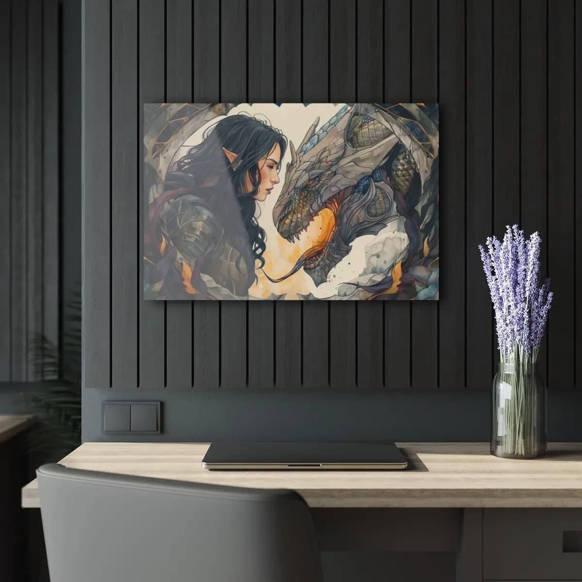 Elven Warrior Faces a Fire-Breathing Dragon - Acrylic Prints (French Cleat Hanging) mockup angle 5