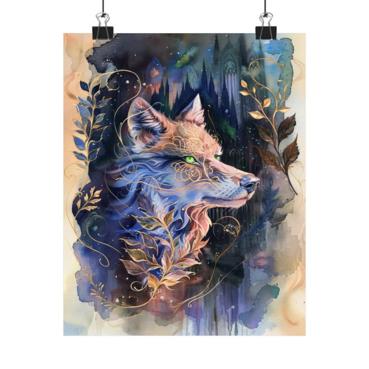 Mystic Wolf with Green Eyes and Golden Ornaments - Matte Vertical Posters mockup angle 1