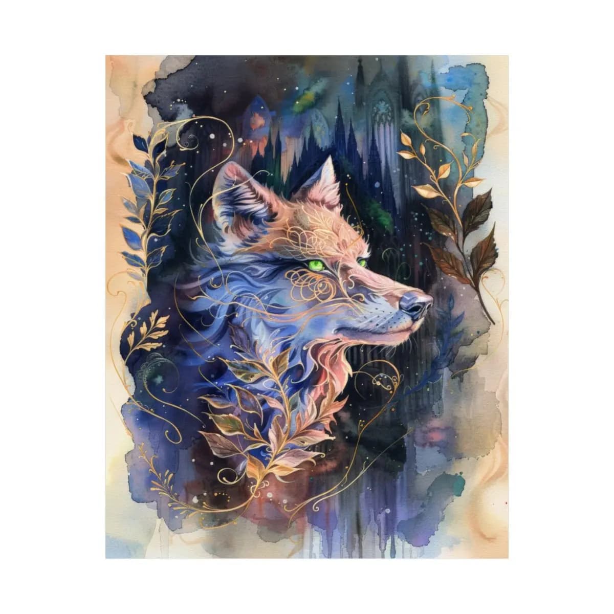 Mystic Wolf with Green Eyes and Golden Ornaments - Matte Vertical Posters mockup angle 2