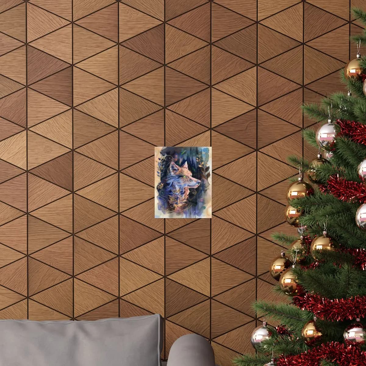 Mystic Wolf with Green Eyes and Golden Ornaments - Matte Vertical Posters mockup angle 4