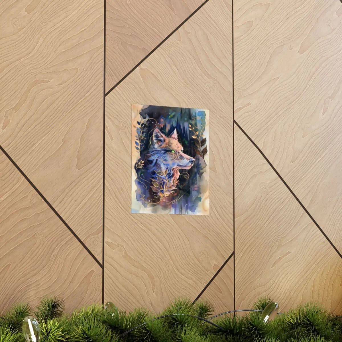 Mystic Wolf with Green Eyes and Golden Ornaments - Matte Vertical Posters mockup angle 5