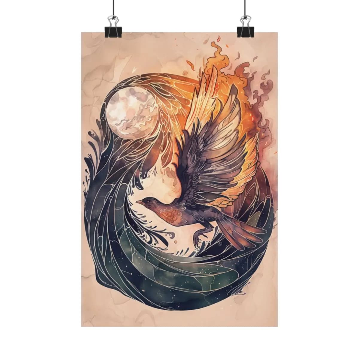 Fire Bird and Moon Rising Through Flames - Matte Vertical Posters mockup angle 1