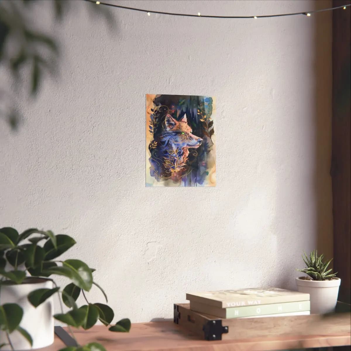Mystic Wolf with Green Eyes and Golden Ornaments - Matte Vertical Posters mockup angle 6