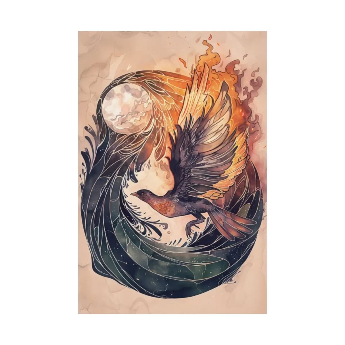 Fire Bird and Moon Rising Through Flames - Matte Vertical Posters mockup angle 2