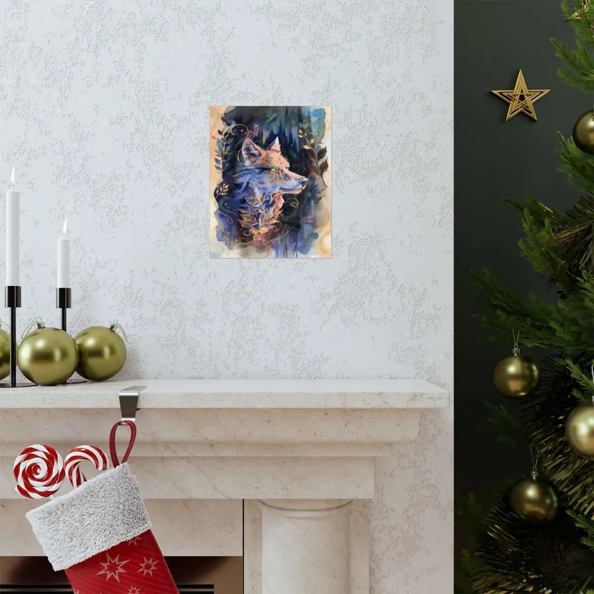 Mystic Wolf with Green Eyes and Golden Ornaments - Matte Vertical Posters mockup angle 7