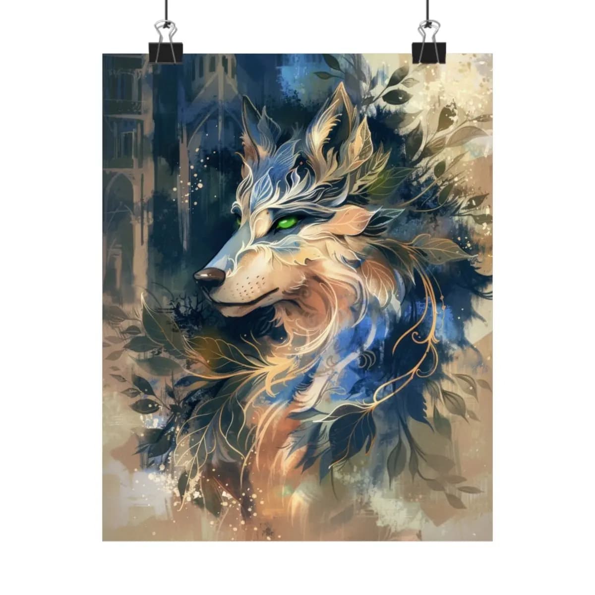 Mystical Wolf With Green Eyes and Golden Foliage - Matte Vertical Posters mockup angle 1