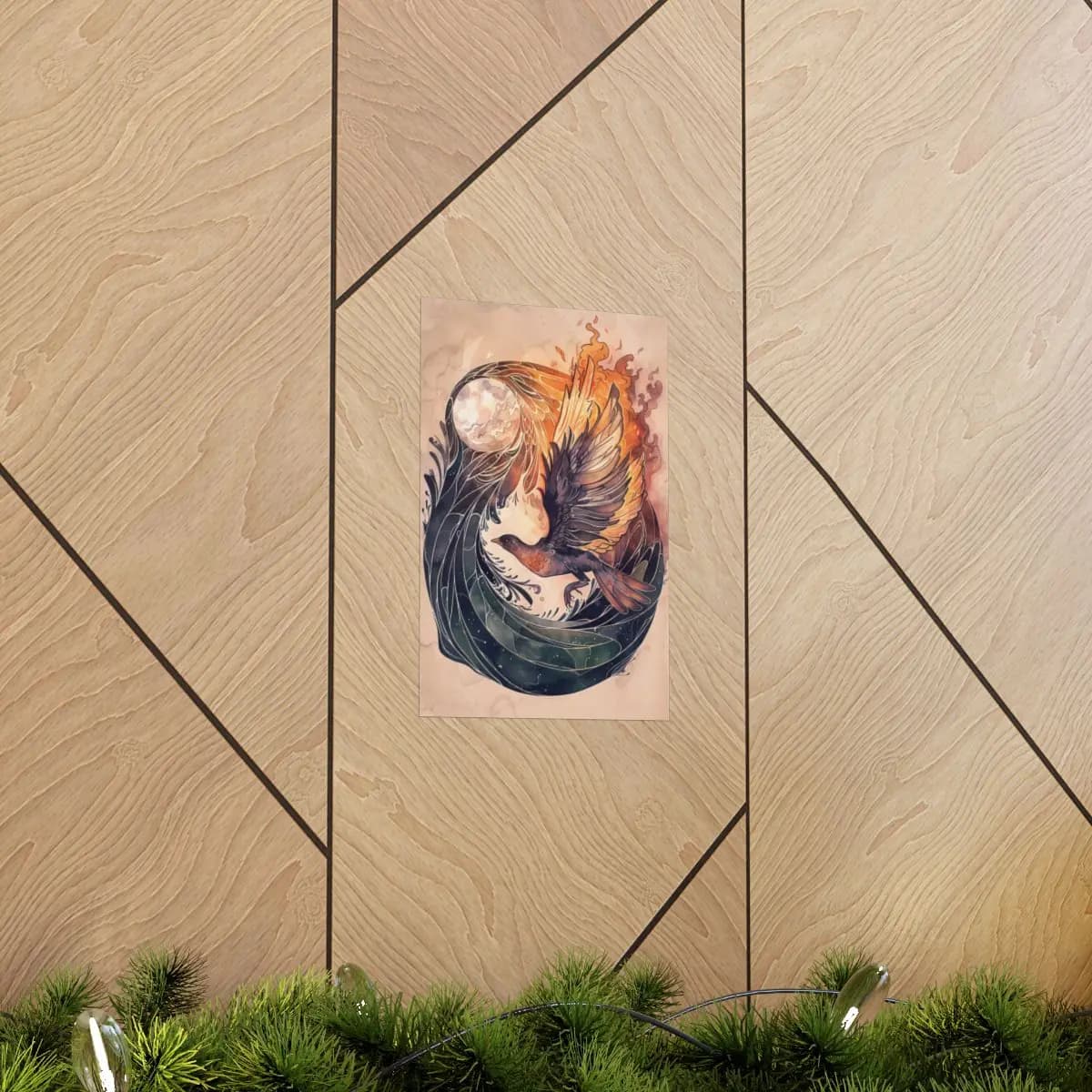 Fire Bird and Moon Rising Through Flames - Matte Vertical Posters mockup angle 5