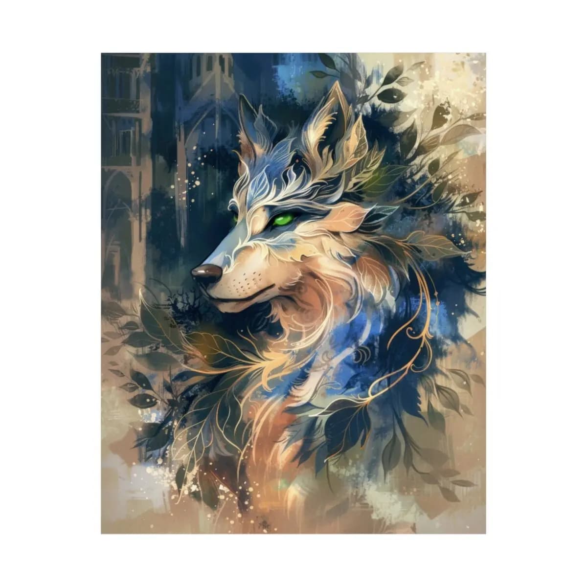 Mystical Wolf With Green Eyes and Golden Foliage - Matte Vertical Posters mockup angle 2