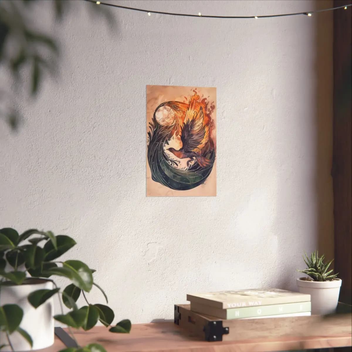 Fire Bird and Moon Rising Through Flames - Matte Vertical Posters mockup angle 6