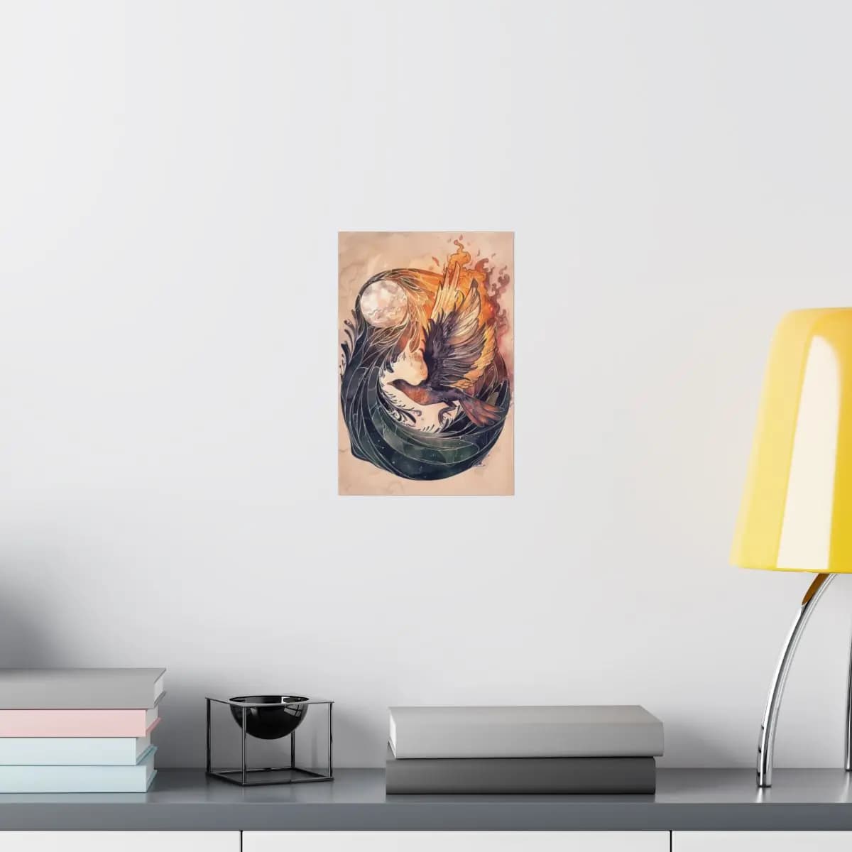 Fire Bird and Moon Rising Through Flames - Matte Vertical Posters mockup angle 8