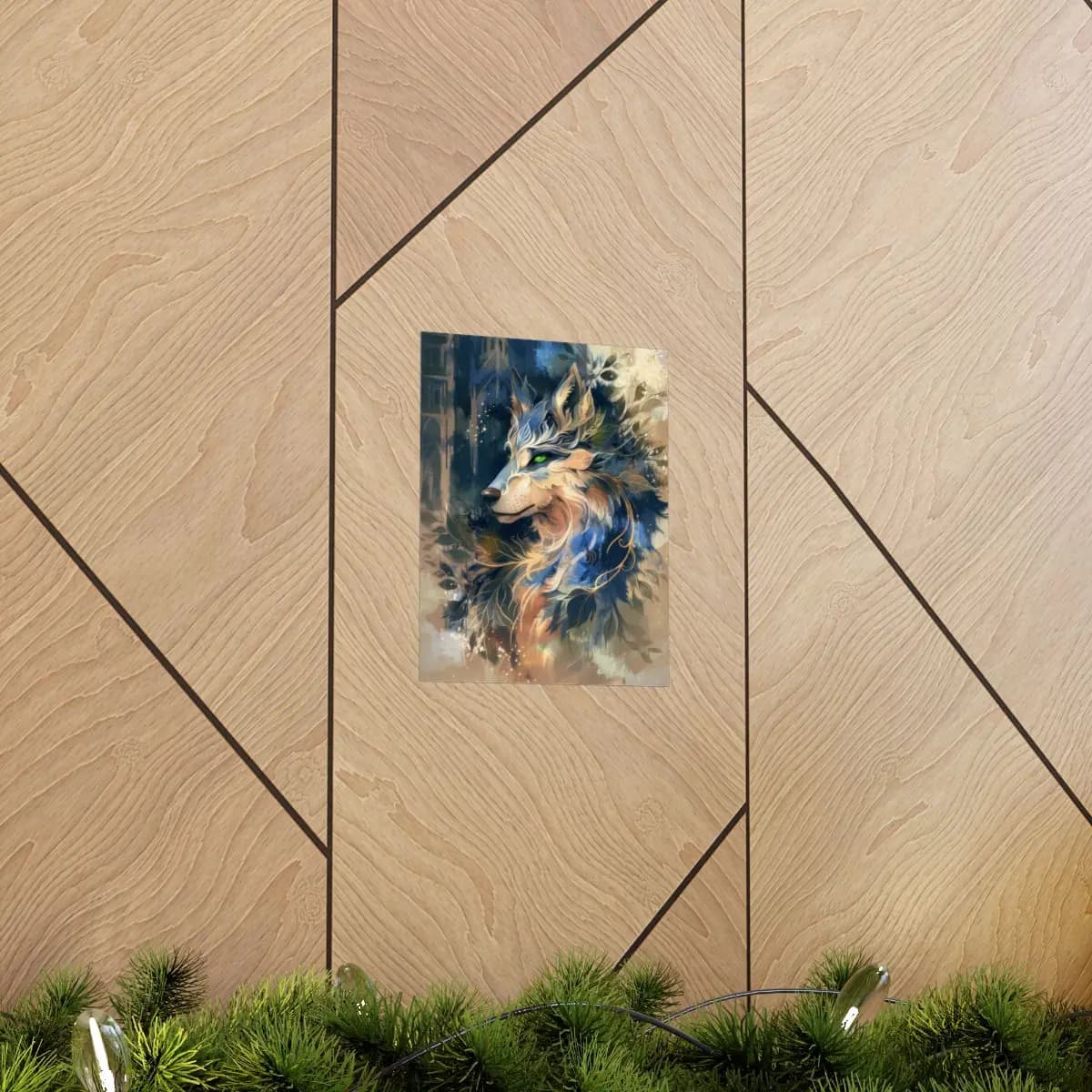Mystical Wolf With Green Eyes and Golden Foliage - Matte Vertical Posters mockup angle 5
